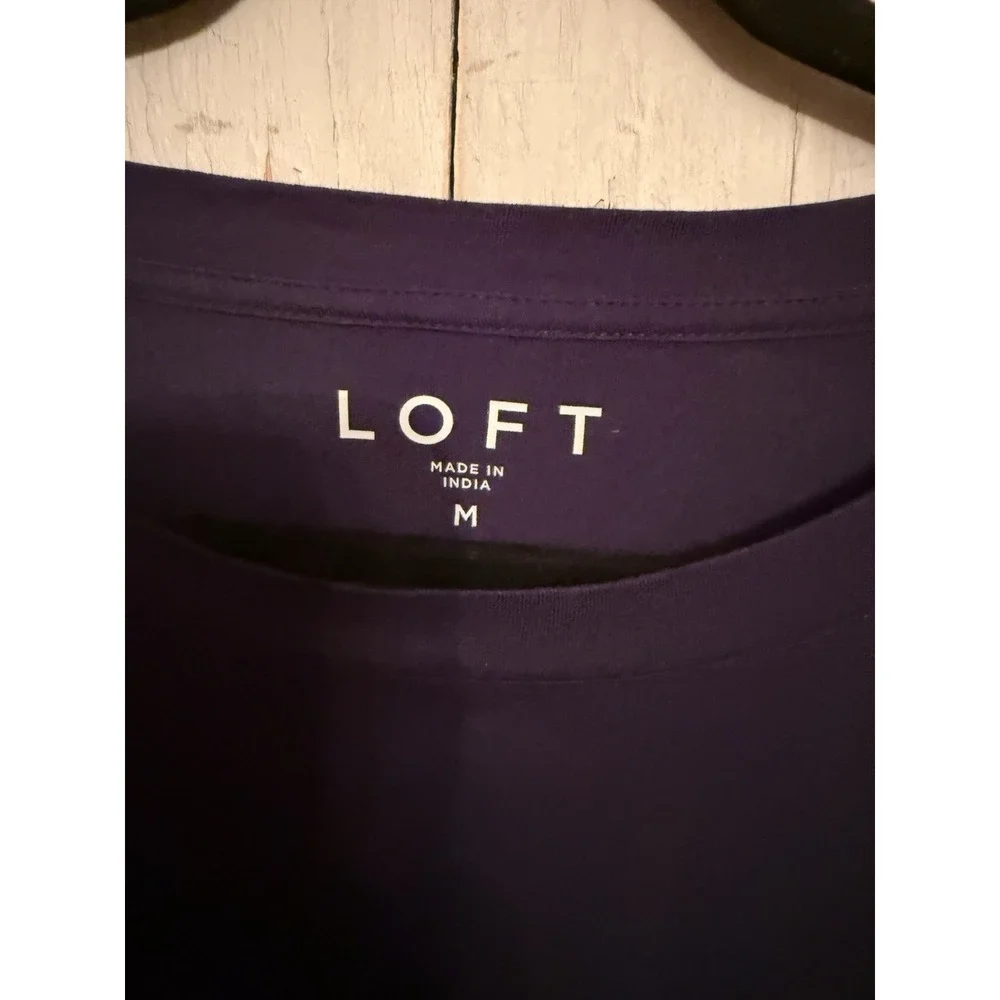 LOFT Top Blouse Mixed Media Navy Blue Puff Sleeve Knit Cotton‎ Cottagecore Sz-M